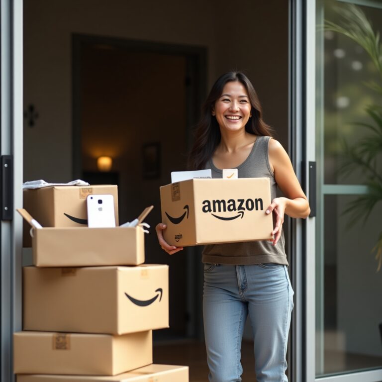 mujer recibiendo caja de amazon